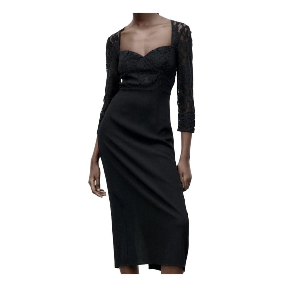 Zara Black Lace Sweetheart Neckline 3/4 Sleeve Midi Dress Formal Floral Small